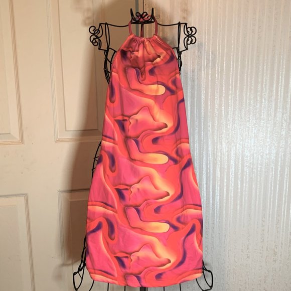 WOMENS - NWOT XS SHEIN ICON Splash Print Tie Back Bodycon Dress pink red orange - Picture 3 of 10